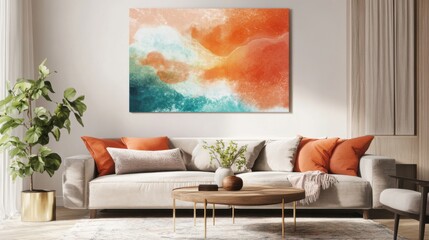 a living room with a couch, coffee table and a painting