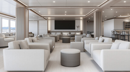 Fototapeta premium Luxurious Yacht Lounge: An expansive and elegantly designed lounge on a modern yacht, featuring plush white seating, a large screen TV, and a contemporary bar.