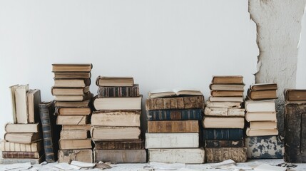 White background with stacks of old books