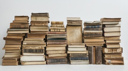 White background with stacks of old books