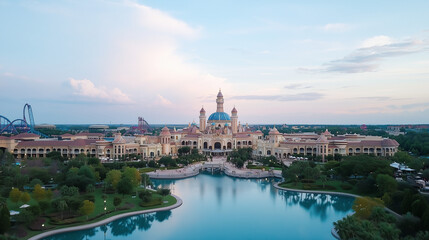 Obraz premium Sun City Resort Aerial View: Majestic Palace, Lush Landscape, Rollercoaster 