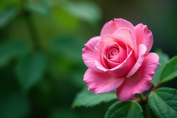 Delicate pink rose encircled by vibrant leaves, image, petals