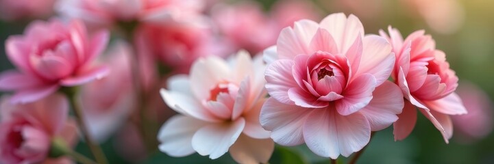 Fototapeta premium Delicate pink & white ranunculus blooms, close-up view , gentle, fresh