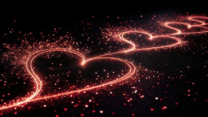 Fototapeta premium Radiant Red Glitter Trails Shaped in Heart Patterns on Black Background