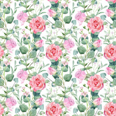 Colorful floral pattern featuring pink roses and green foliage on a light background