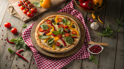 Pizza with colorful toppings, rustic wooden table, gingham cloth, fresh vegetables, vibrant colors, overhead view, food photography, high detail, soft lighting, appetizing, culinary art