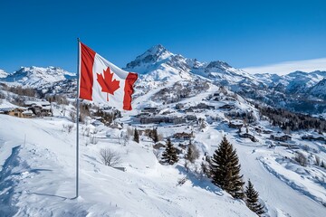 Scenic winter landscape featuring a Canadian flag and mountains.