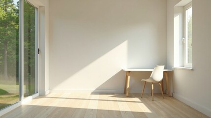 Fototapeta premium Bright sunlit room with minimalist wooden desk and chair, featuring a large window and sliding glass door overlooking a tranquil natural landscape
