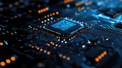 Obraz premium Close-up of microchip on electronic circuit board glowing with blue light