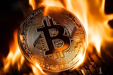 Burning Bitcoin Symbolizing Financial Risks and Opportunities in Cryptocurrency Trading : Generative AI
