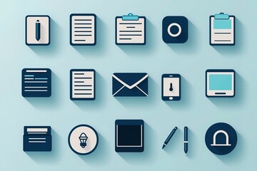A collection of minimalist icons depicting office and communication tools, including a pen, clipboard, smartphone, and documents, on a light blue background.