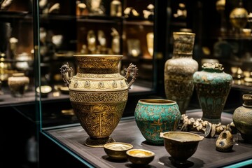 Ornate gold and green antique vessels, displayed.
