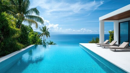Fototapeta premium Luxurious tropical villa nestled in a lush secluded paradise with an inviting infinity pool and breathtaking ocean vistas offering the ultimate in relaxation and vacation bliss
