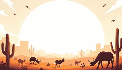 Desert landscape with cacti and wild animals under large sun.