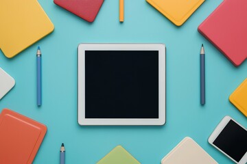 A central tablet surrounded by colorful notebooks and pens on a vibrant blue background.