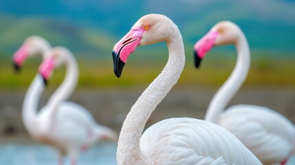 Fototapeta premium Graceful flamingos wading in a tranquil untouched tropical lake surrounded by lush wilderness a serene eco tourism destination celebrating the beauty of nature