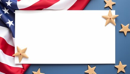 Blank white card on American flag with wooden stars.