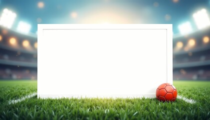 Blank white sign with soccer ball in stadium under bright lights.