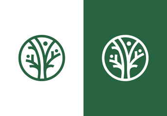 line art nature logo vector design of tree and man or person inside circle, abstract tree logo symbol inside circle	