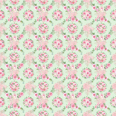 Beautiful floral pattern with pink roses and green leaves on a soft background creating a vintage feel