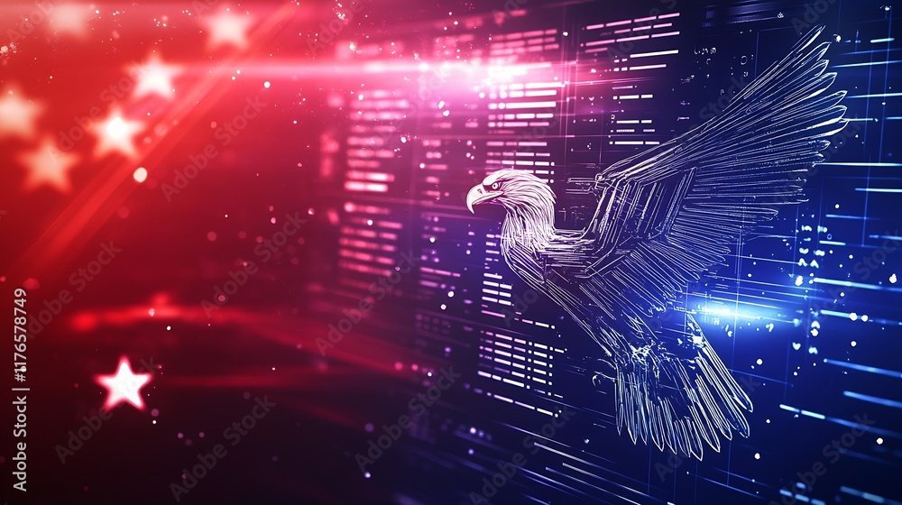 Aufkleber digital mesh eagle soaring against futuristic technology background with red white and blue lights :