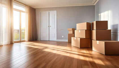 綺麗な部屋にある山積みの段ボール。窓から光が射す部屋と段ボール。A mountain of cardboard boxes in a beautiful room. A room with light shining through the window and cardboard boxes.