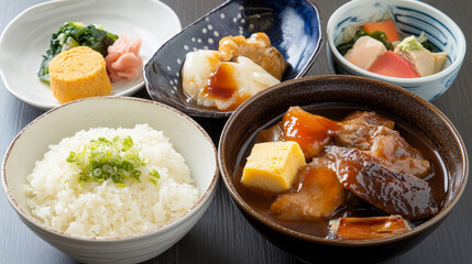 Japanese cuisine vector food of rice with fish, meat and vegetable dishes. Asian sushi rolls, chicken yakitori and pork teriyaki, miso eggplant, curry rice, seaweed salad and beef gyutan, Japan menu