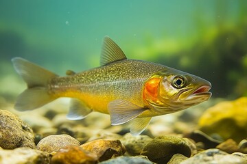Naklejka premium Golden fish swims above riverbed rocks.