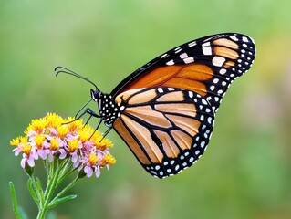 Fototapeta premium A vibrant Monarch butterfly resting on a yellow flower, set against a soft green background, showcasing its intricate wing patterns.