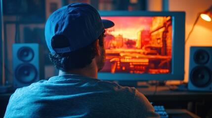 Person Engaged in Gaming with Vibrant Screen Glow at Night