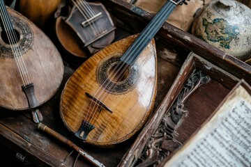 Antique stringed instruments, wooden case, sheet music.