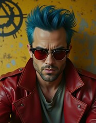 Obraz premium young man giving the impression of a rebel, broad shoulders, smooth facial features, colored hair, rough temperament, sunglasses, colorful leather jacket, dirty wall behind him, a symbol on the wall