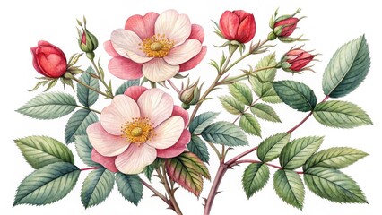 Watercolor Rose Bush with Pink Blooms and Green Leaves