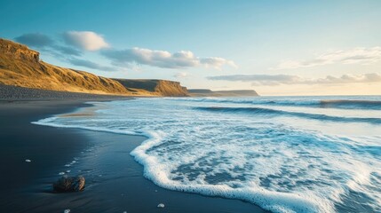 Naklejka premium Tranquil and serene riverscapes created by the fluid motion of ocean waves and natural textures along the coastline captured during the golden hour of sunset or sunrise