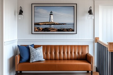 Sophisticated Interior with Lighthouse Wall Art Above Leather Couch and Modern Ambiance : Generative AI