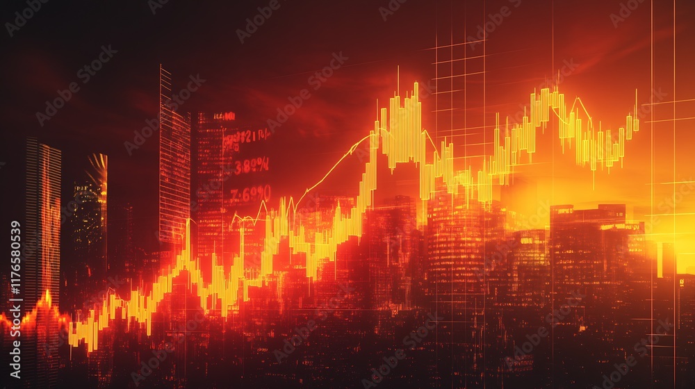 Poster illuminated cityscape with financial chart overlay showing upward economic trends : generative ai