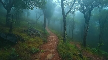 Obraz premium Misty mornings on forest trails alive with lush thriving biodiversity creating a captivating ethereal atmosphere of natural serenity and wonder
