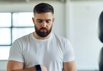 Man Checking Smartwatch While Exercising in Modern Gym Environment