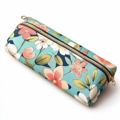 Teal floral pencil case with zipper.