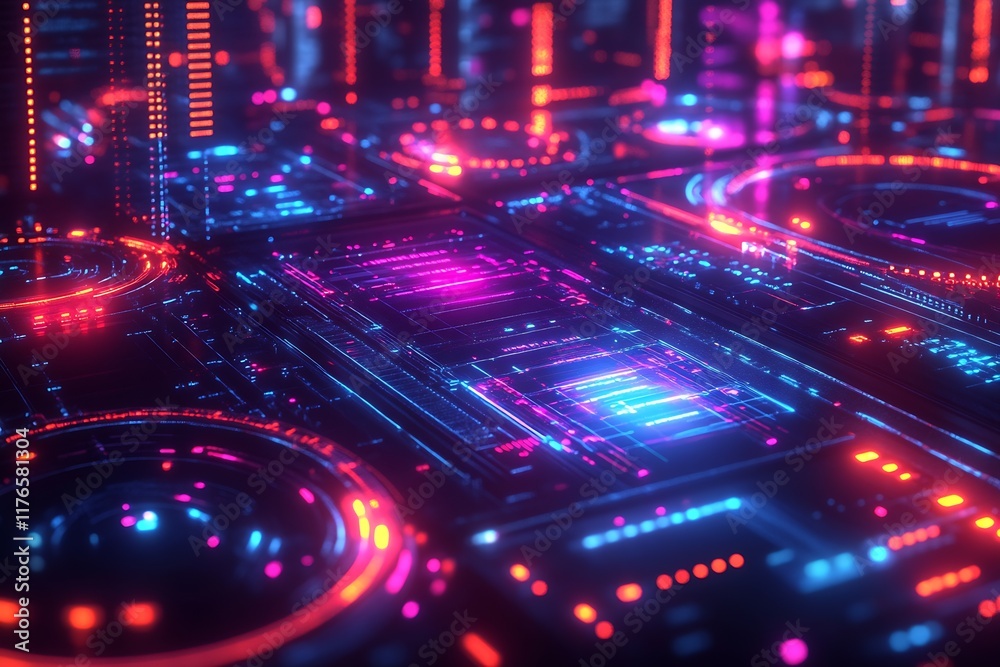 Aufkleber Abstract Digital Landscape with Neon-Powered Dynamic Technology Patterns : Generative AI