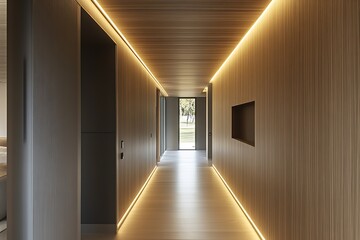 Fototapeta premium Luxurious Wood Paneled Hallway with Ambient Lighting Opening to Nature View : Generative AI