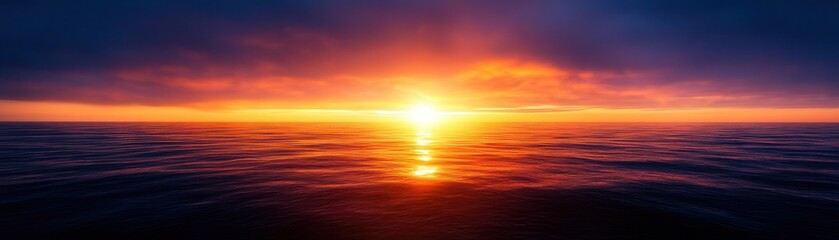 A breathtaking sunset over calm ocean waters, illuminating the sky with vibrant hues of orange and purple.
