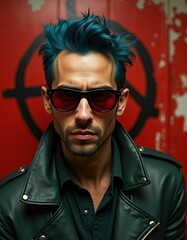 Obraz premium young man giving the impression of a rebel, broad shoulders, smooth facial features, colored hair, rough temperament, sunglasses, colorful leather jacket, dirty wall behind him, a symbol on the wall