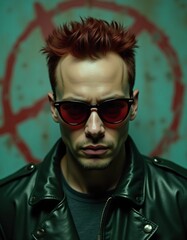 Obraz premium young man giving the impression of a rebel, broad shoulders, smooth facial features, colored hair, rough temperament, sunglasses, colorful leather jacket, dirty wall behind him, a symbol on the wall