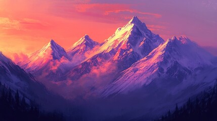 Obraz premium A serene mountain landscape at sunset, showcasing snow-capped peaks and vibrant colors.