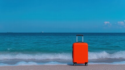 Vibrant Orange Suitcase on Tropical Beach with Clear Blue Ocean