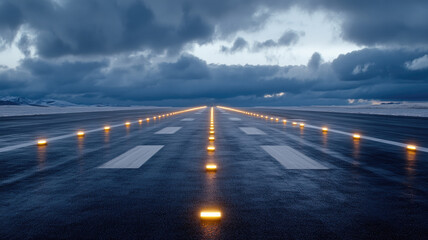 Fototapeta premium Illuminated runway at dawn with dramatic clouds and reflective wet surface