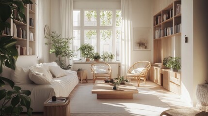 a living room with a couch, chair, coffee table and bookshelf
