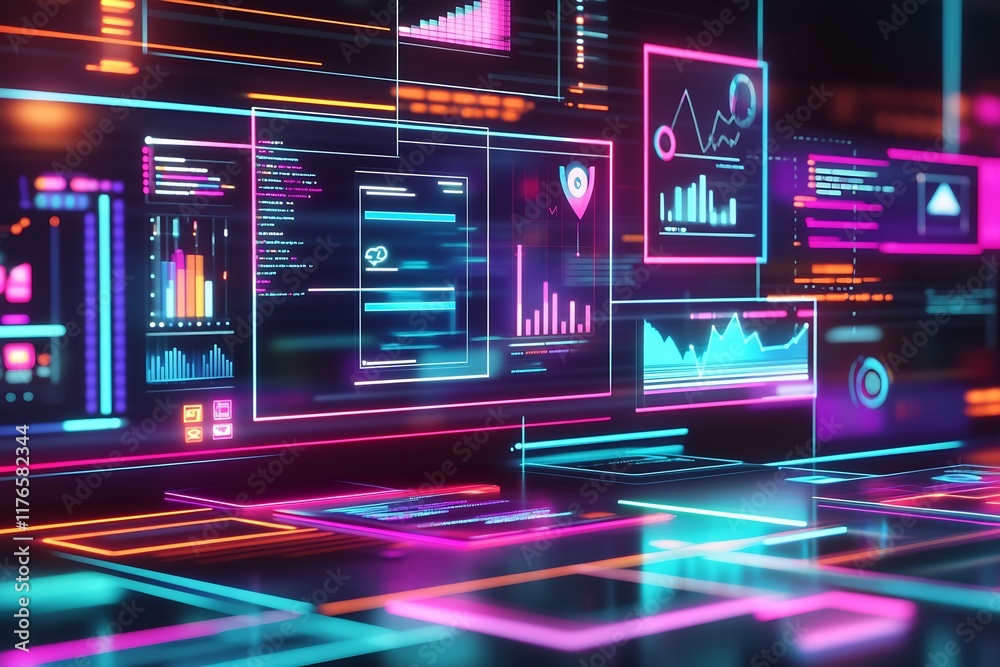 Poster Colorful Digital Data Visualization Screen with Charts for Tech Presentations : Generative AI