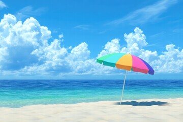 Colorful Umbrella on a Tranquil Beach Under Bright Blue Sky